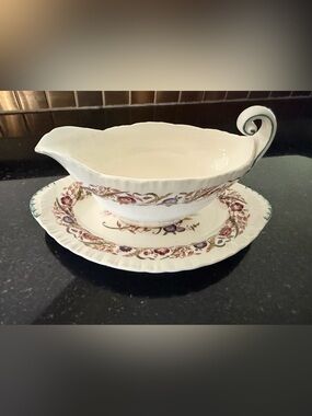 Wedgwood White Gravy Boat with Floral Border CORNFLOWER print